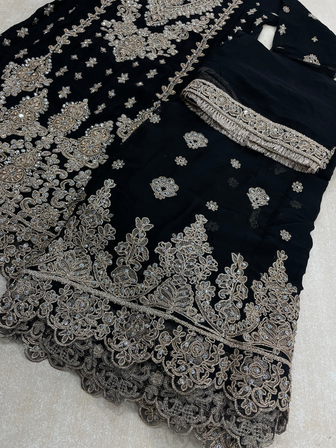 Aisha - Black embroidered Plazo - Rose Gold Embroidered & Gem work - 3Pcs