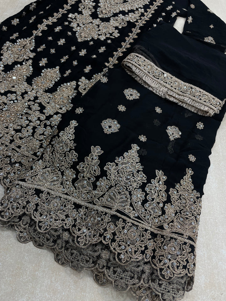Aisha - Black embroidered Plazo - Rose Gold Embroidered & Gem work - 3Pcs