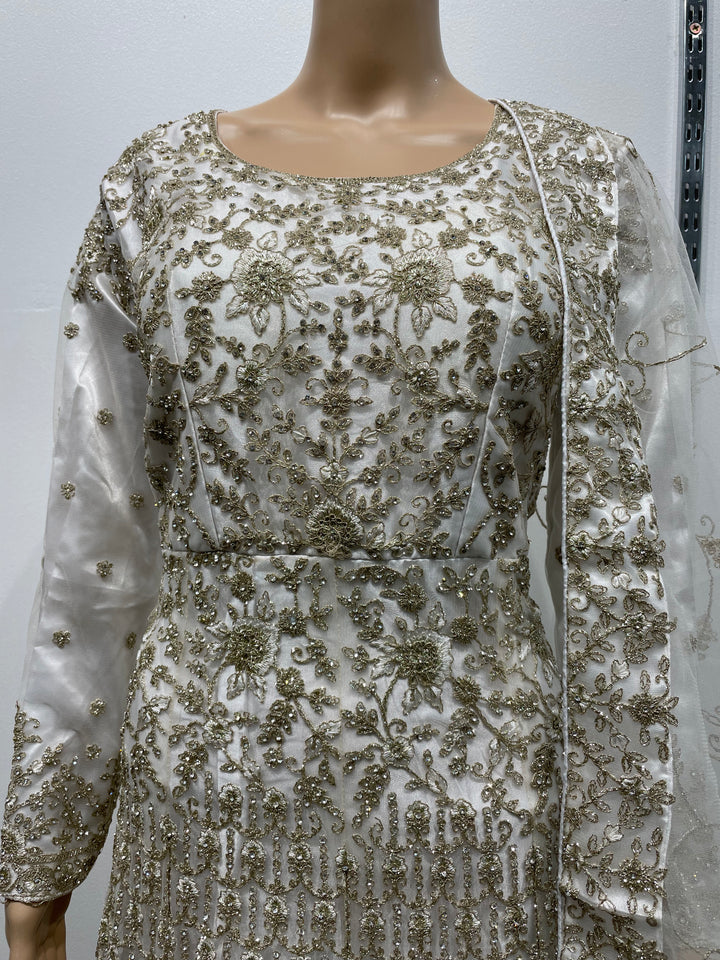 Yusra - Turquoise Heavy Embroidered Net Party Gown with White Gold Embroidered - 3pcs