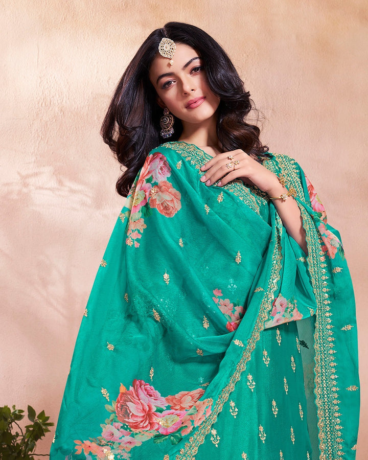Mahira – Teal Green Sequins Embroidered Kurti Plazo Set with Digital Floral Dupatta – 3 Pcs