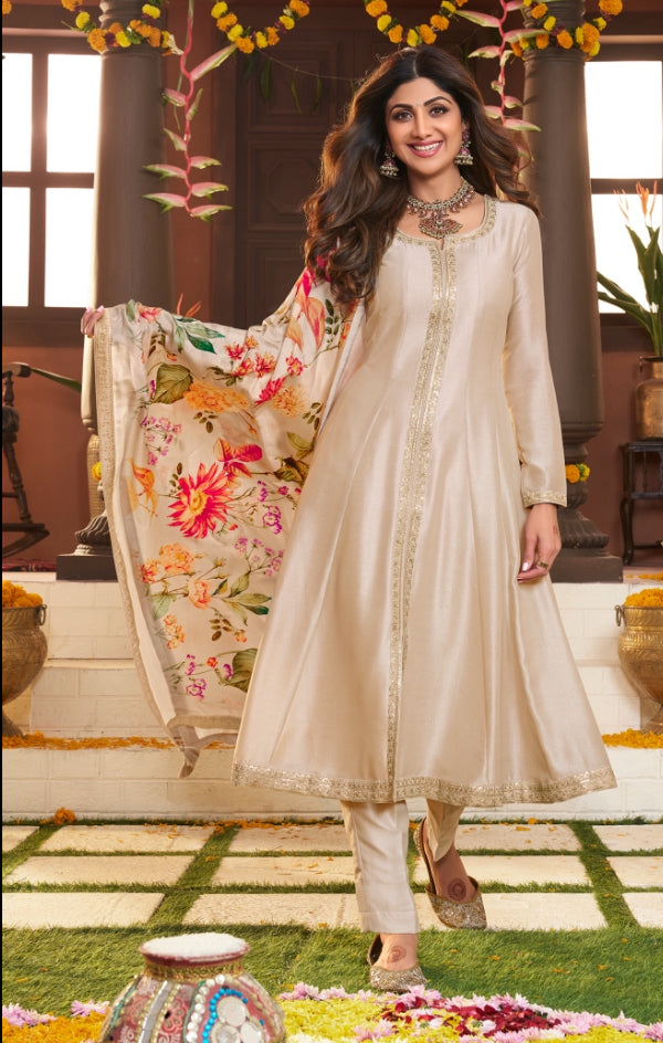 Khadija - Cream Silk bottom Split Anarkali With Print Scarf - 3 Pcs