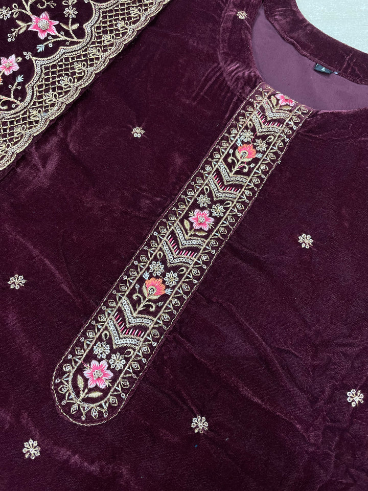 Zoya - Maroon Velvet Kameez - Embroidered & Gem Work - 3 Piece Suit