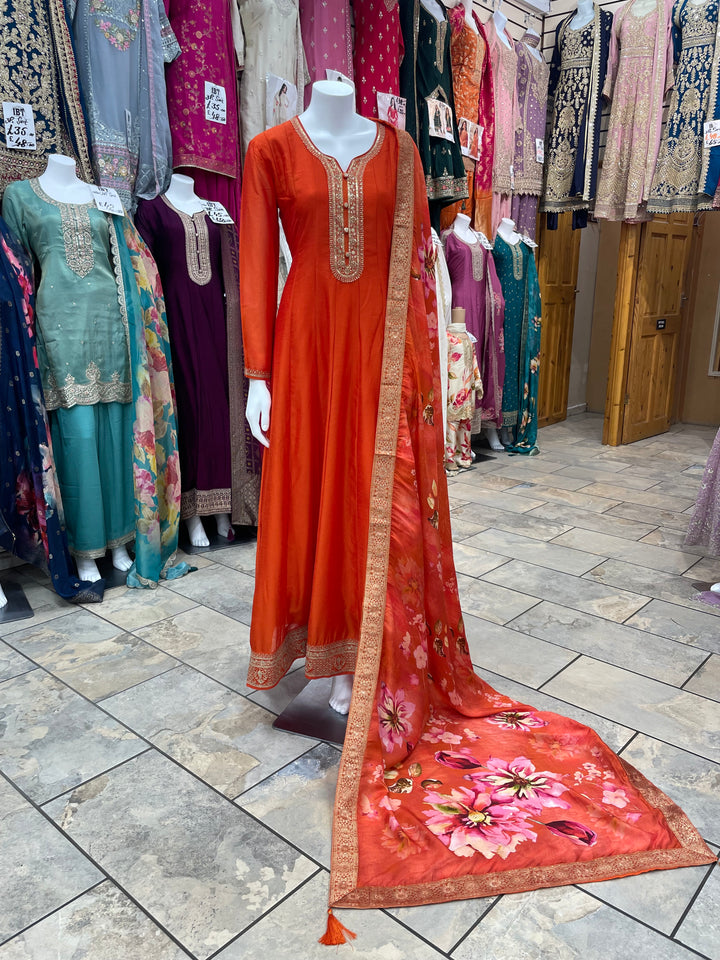 Isra – Orange Bhagalpuri Silk Anarkali with Digital Print Dupatta – 3 Pcs