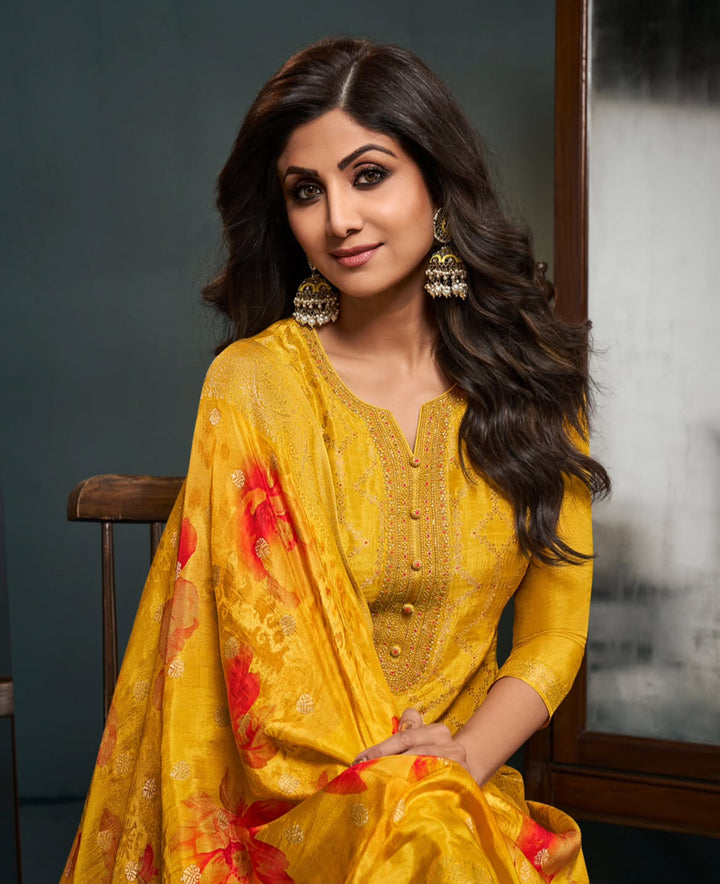 Aleena -Mustard Yellow Pure Viscose Dola with Embroidery Work & Digital Print Scarf - 3 Pcs