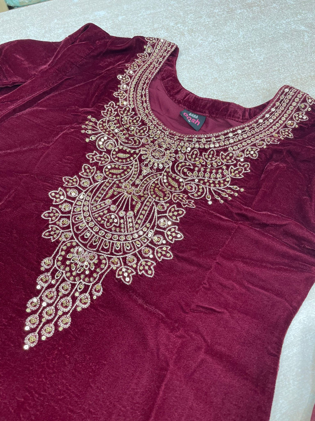 Zayrah - Maroon Velvet Kameez with Plazo - Embroidered & Gem work - 3Pcs