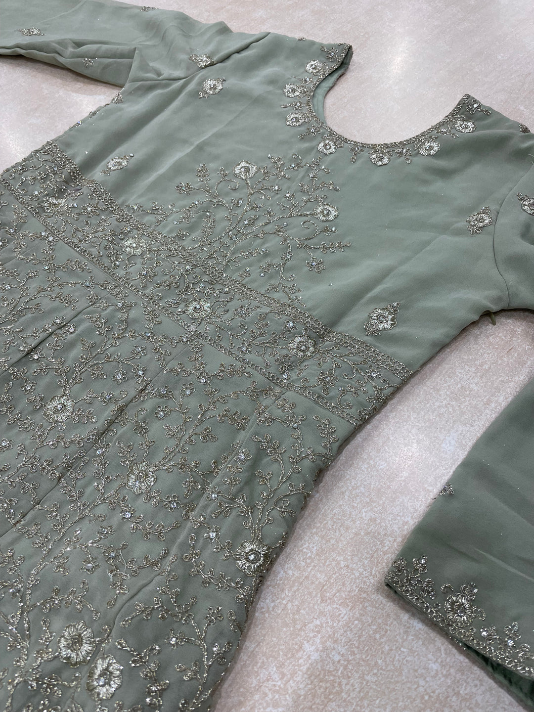 Amani - Sage Green Heavy Embroidered Chiffon Gown - White Gold Embroidery - 3pcs