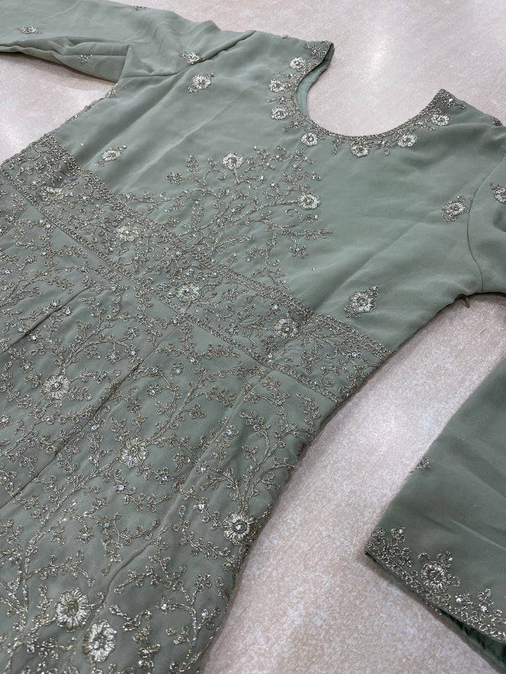 Amani - Sage Green Heavy Embroidered Chiffon Gown - White Gold Embroidery - 3pcs