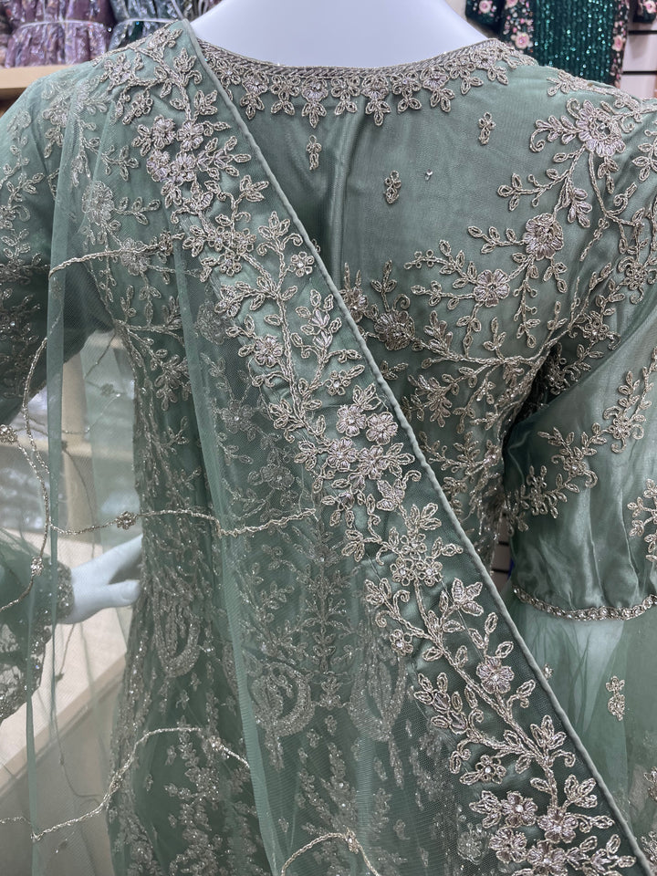 Jannah - Sage Green Heavy Embroidered Net Party Gown with Bell Sleeves/White Gold Embroidered - 3pcs