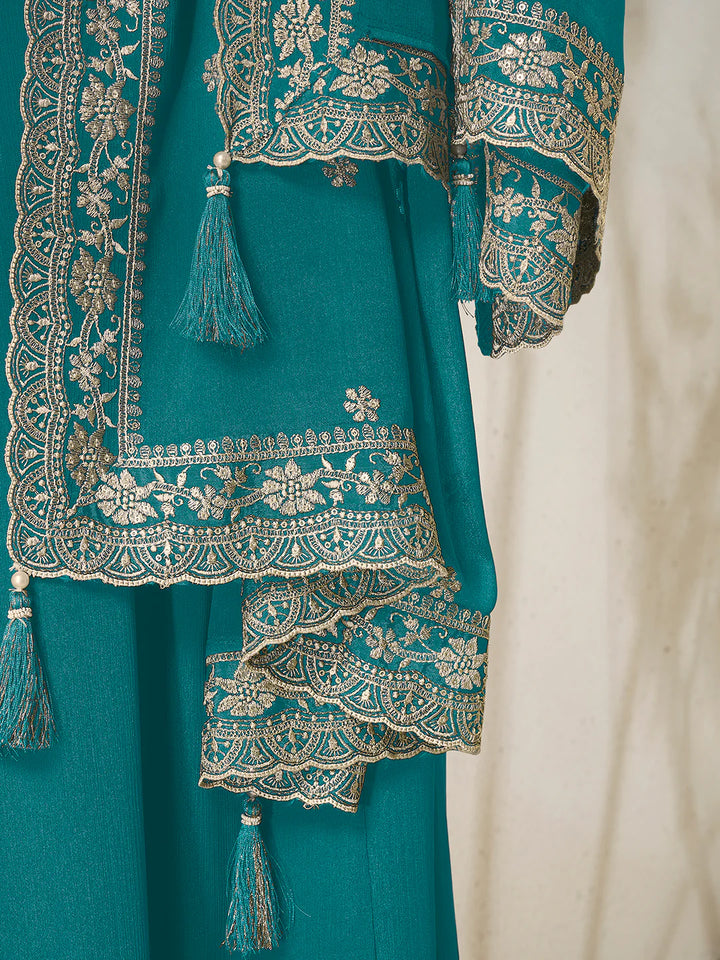 Nureh – Teal Chinon Embroidered Anarkali Suit with Scalloped Dupatta - 2pcs