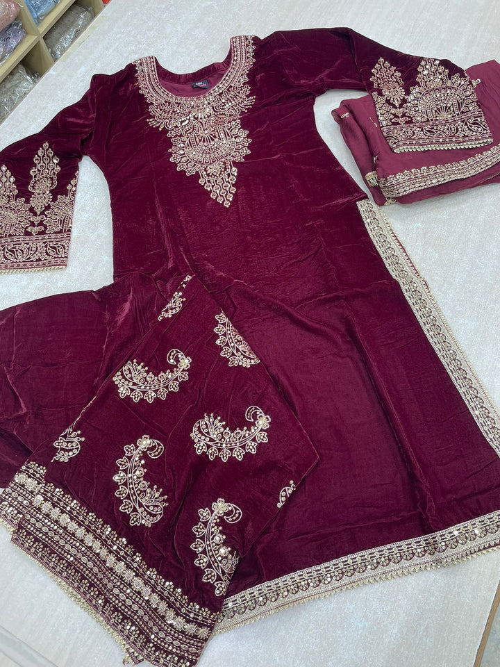 Zayrah - Maroon Velvet Kameez with Plazo - Embroidered & Gem work - 3Pcs