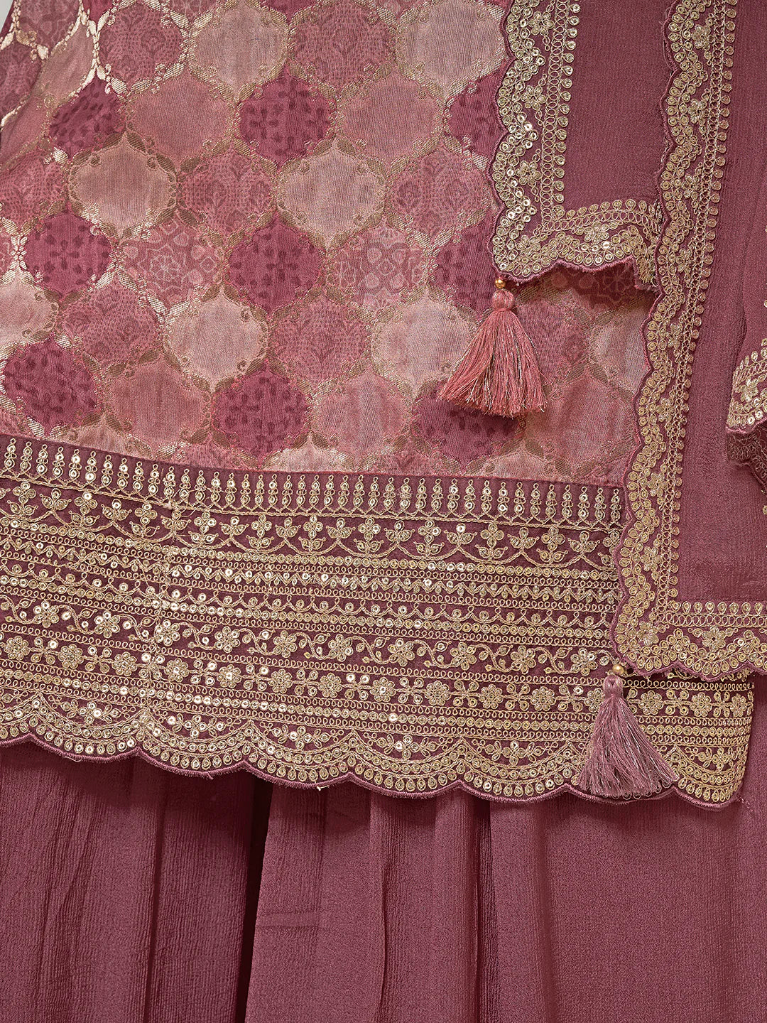 Abeer – Pastel Burgundy Dola Silk Printed Kurta with Sequinned Plazo Dupatta – 3 Pcs