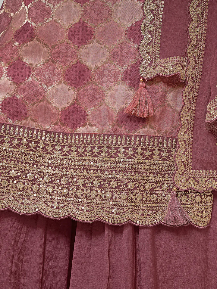 Abeer – Pastel Burgundy Dola Silk Printed Kurta with Sequinned Plazo Dupatta – 3 Pcs