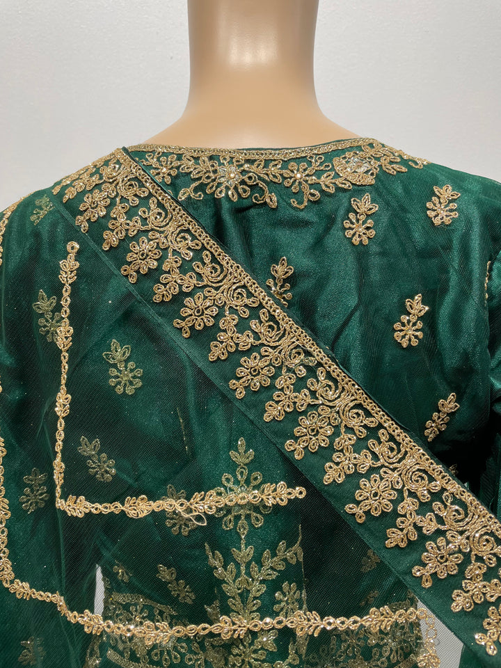 Meher - Dark Green Heavy Embroidered Gown with Front Split - 3pcs