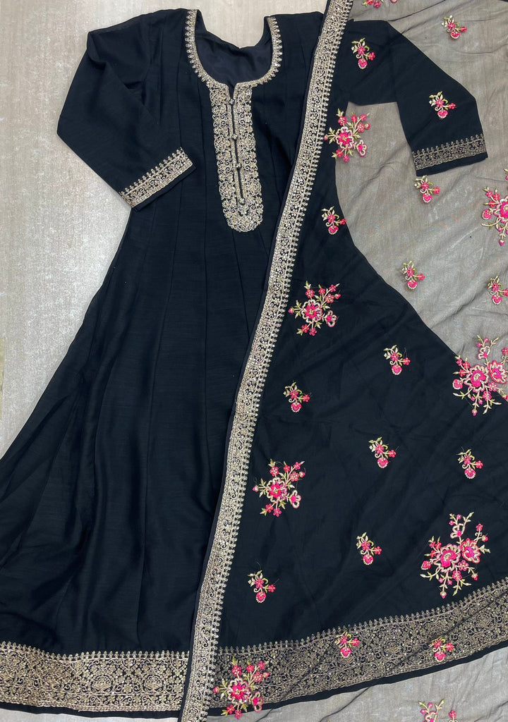 Marwah - Black Embroidered Anarkali with Net Dupatta - 3 Pcs