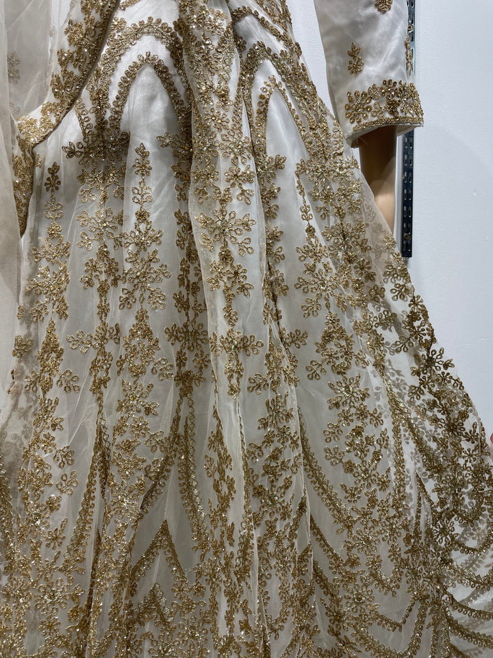 Meher - White Heavy Embroidered Gown with Front Split - 3pcs