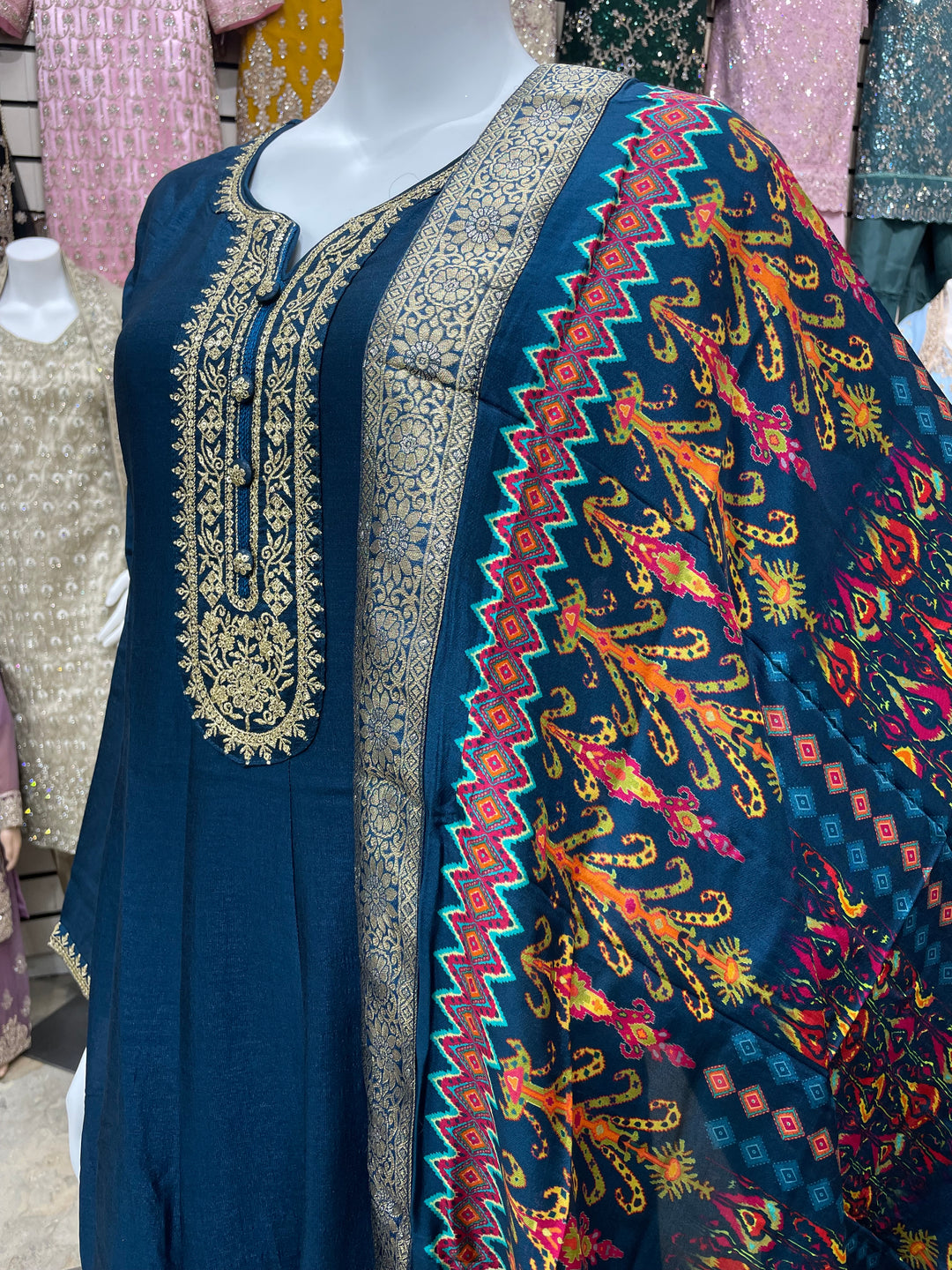 Dunya – Teal Blue Bhagalpuri Silk Anarkali with Digital Print Dupatta – 2 Pcs