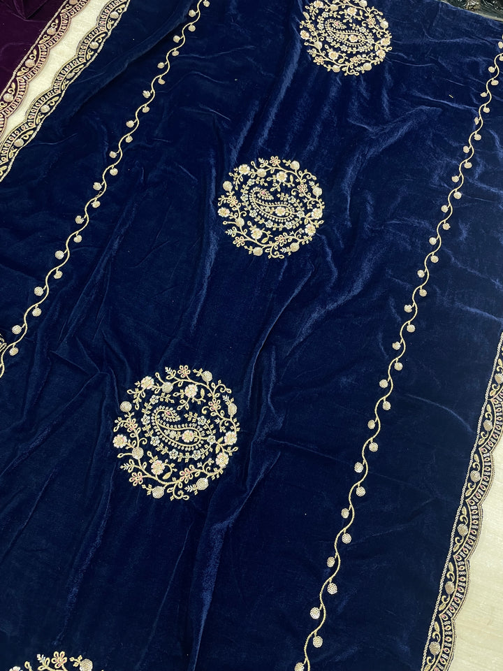Qamar - Blue Velvet Kameez - Embroidered & Gem work - 3Pcs