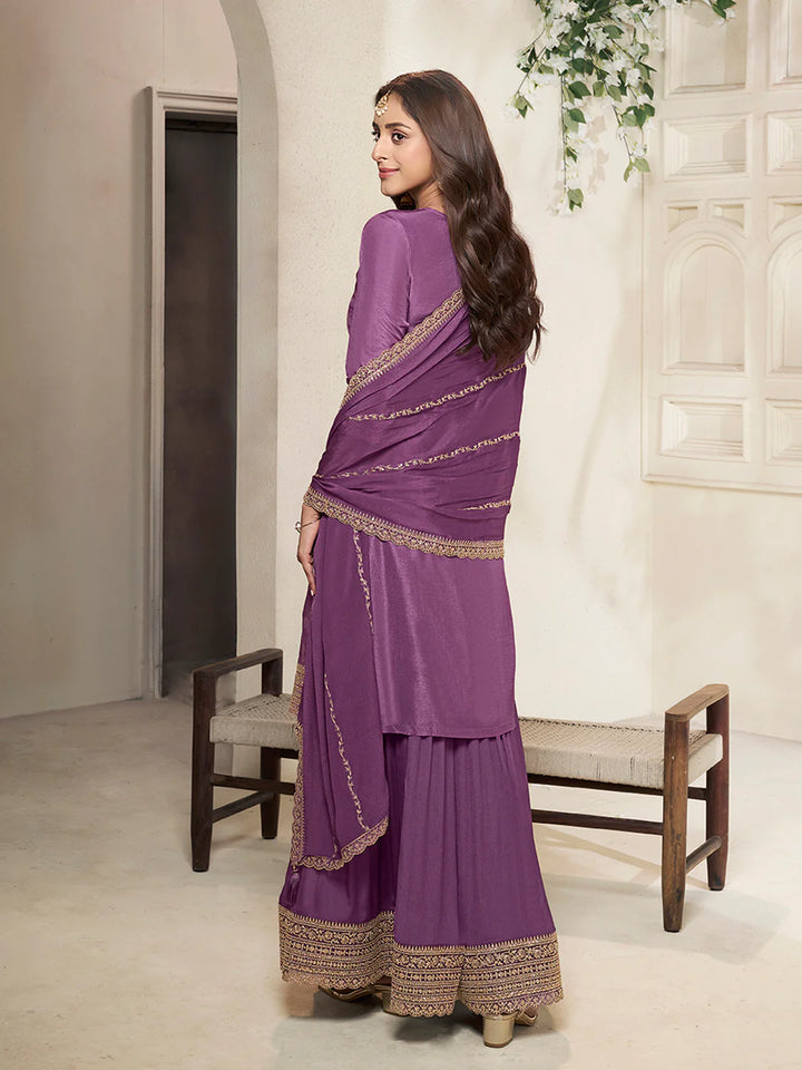 Sareen – Lavender Dola Silk Embroidered Straight Kurta with Sequinned plazo Dupatta – 3 Pcs