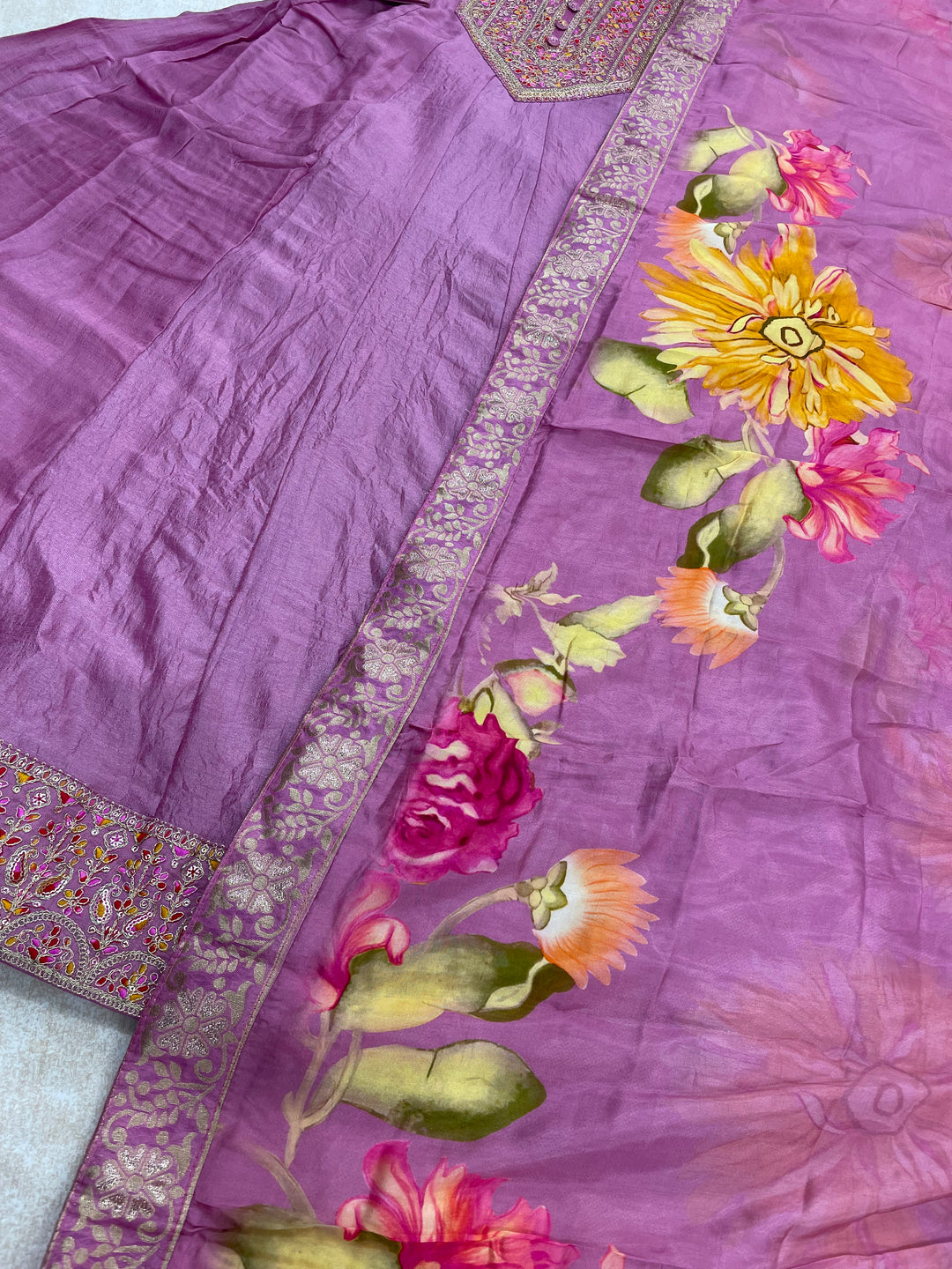 Aaliyah - Pink embroidered anarkali With with print scarf - 3 Pcs