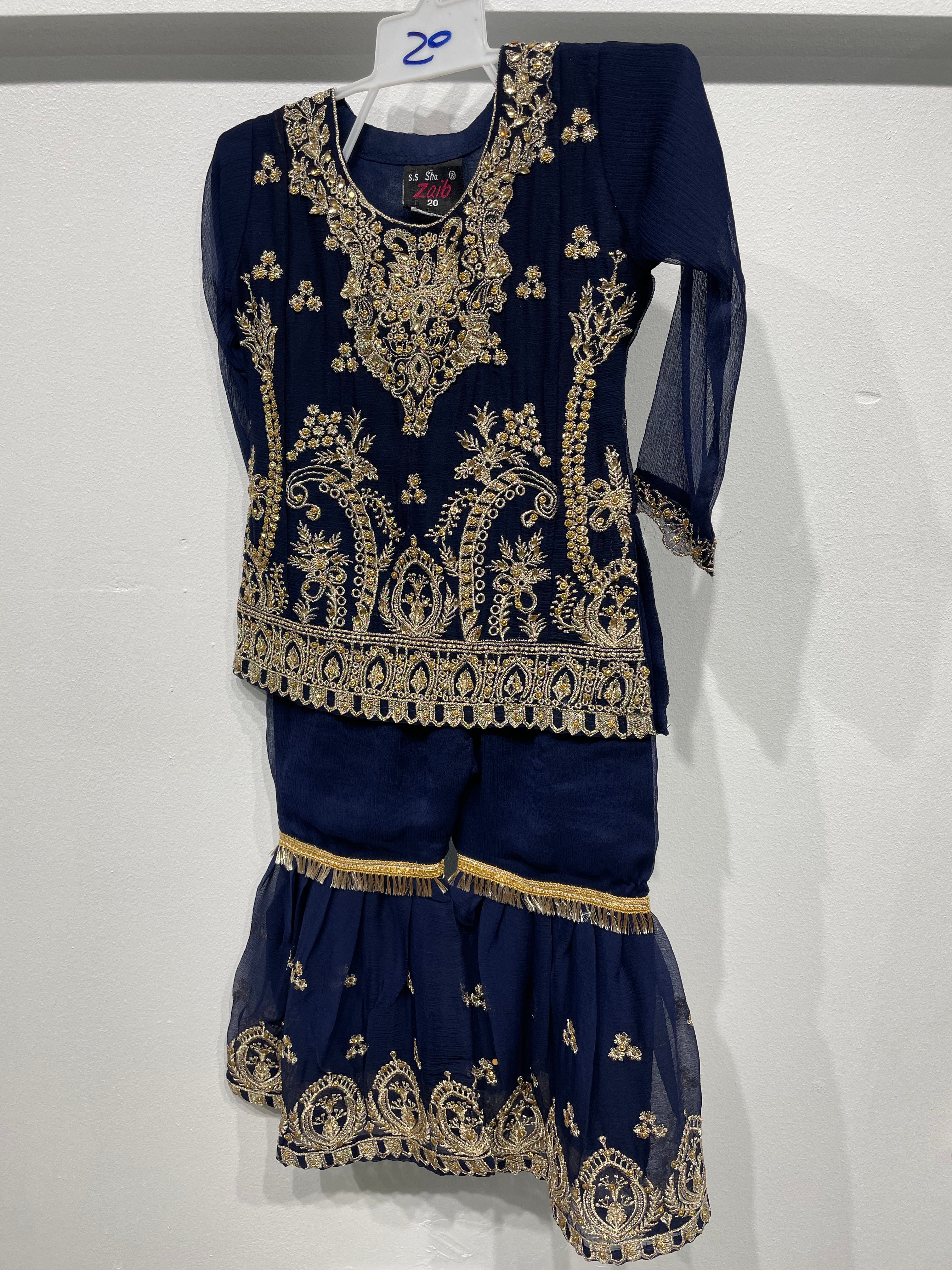 Kids Blue Chiffon Sharara - Gold Embroidery - 3Pc