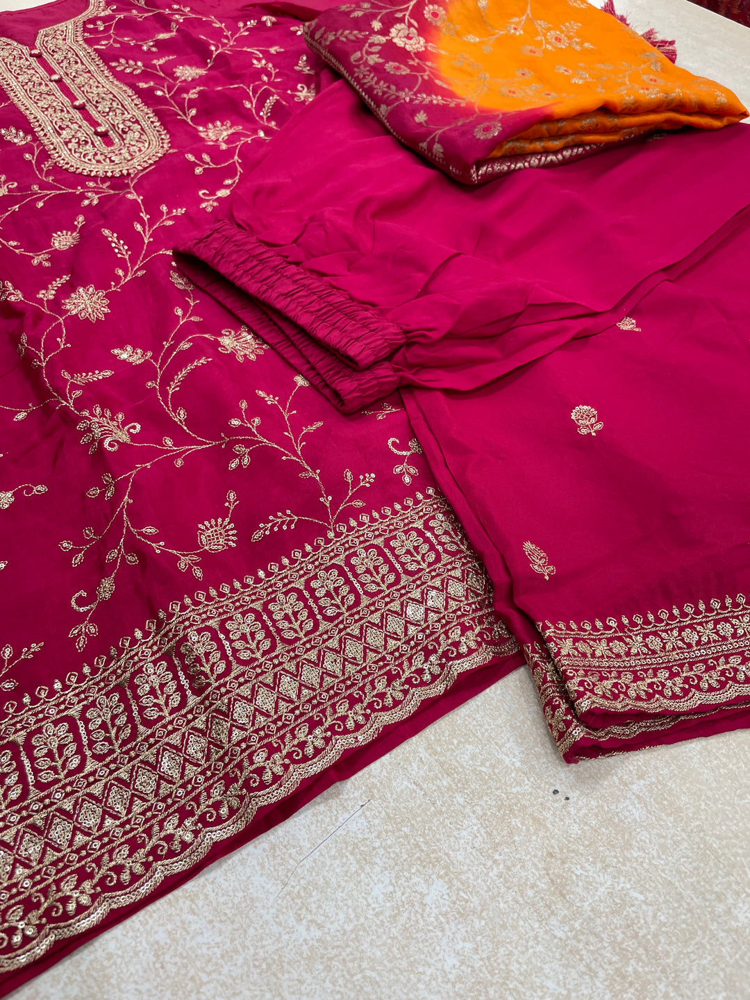 Aleeza – Cerise Pink Pure Silk Embroidered Set with Jacquard Dupatta - 3pcs