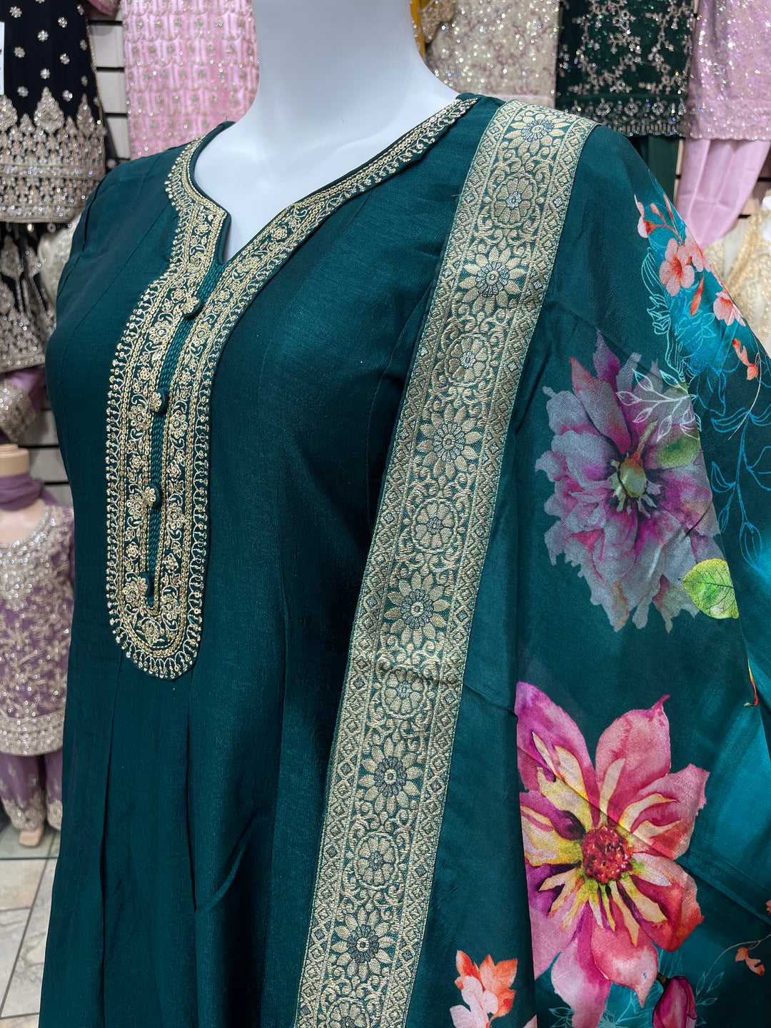 Isra – Teal Green  Bhagalpuri Silk Anarkali with Digital Print Dupatta – 2 Pcs