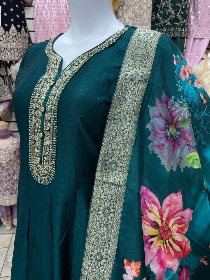 Isra – Teal Green  Bhagalpuri Silk Anarkali with Digital Print Dupatta – 2 Pcs