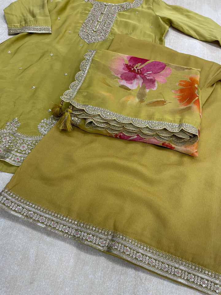 Elham – Mustard Masoori Embroidered Suit Set with Printed Dupatta - 3pcs