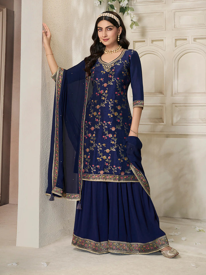 Sitara – Navy Blue Dola Silk Floral Jacquard Kurta with Plazo & Dupatta – 3 Pcs