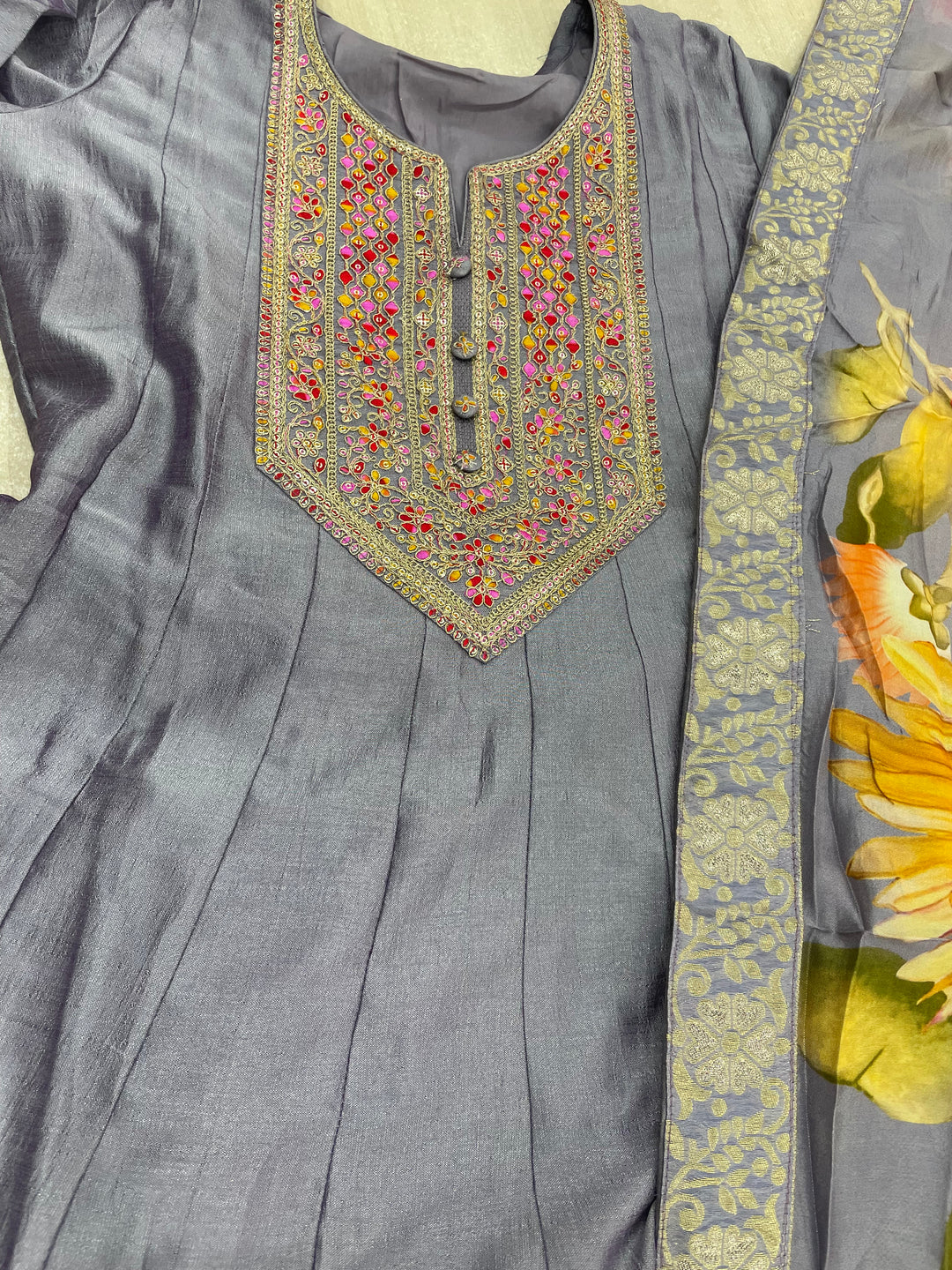Aaliyah - Lilac embroidered anarkali With with print scarf - 3 Pcs