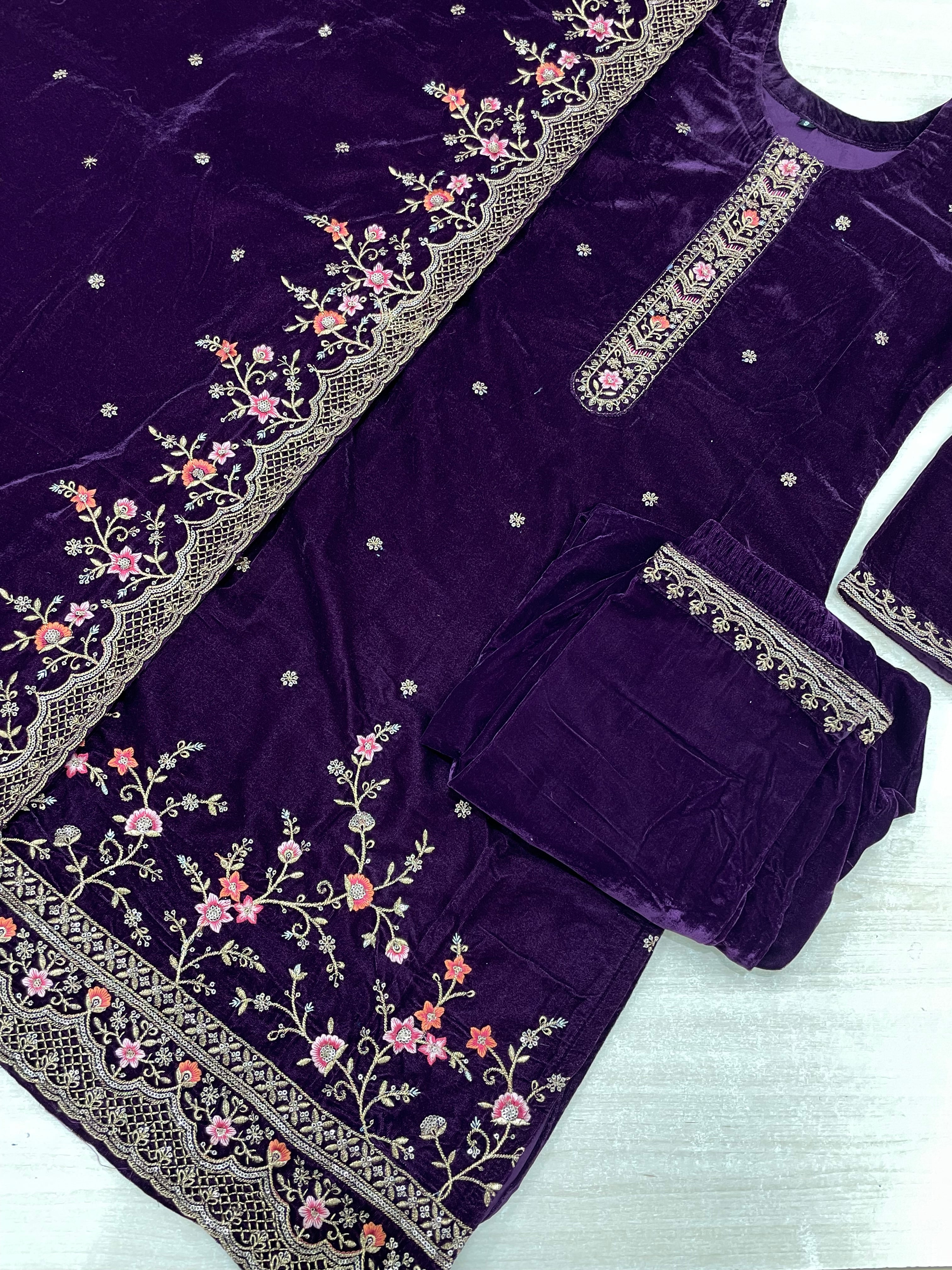 Purple Velvet Kameez - Embroidered & Gem work - 3Pcs