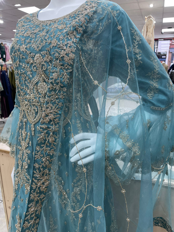 Jannah - Light Teal Heavy Embroidered Net Party Gown with Bell Sleeves/White Gold Embroidered - 3pcs