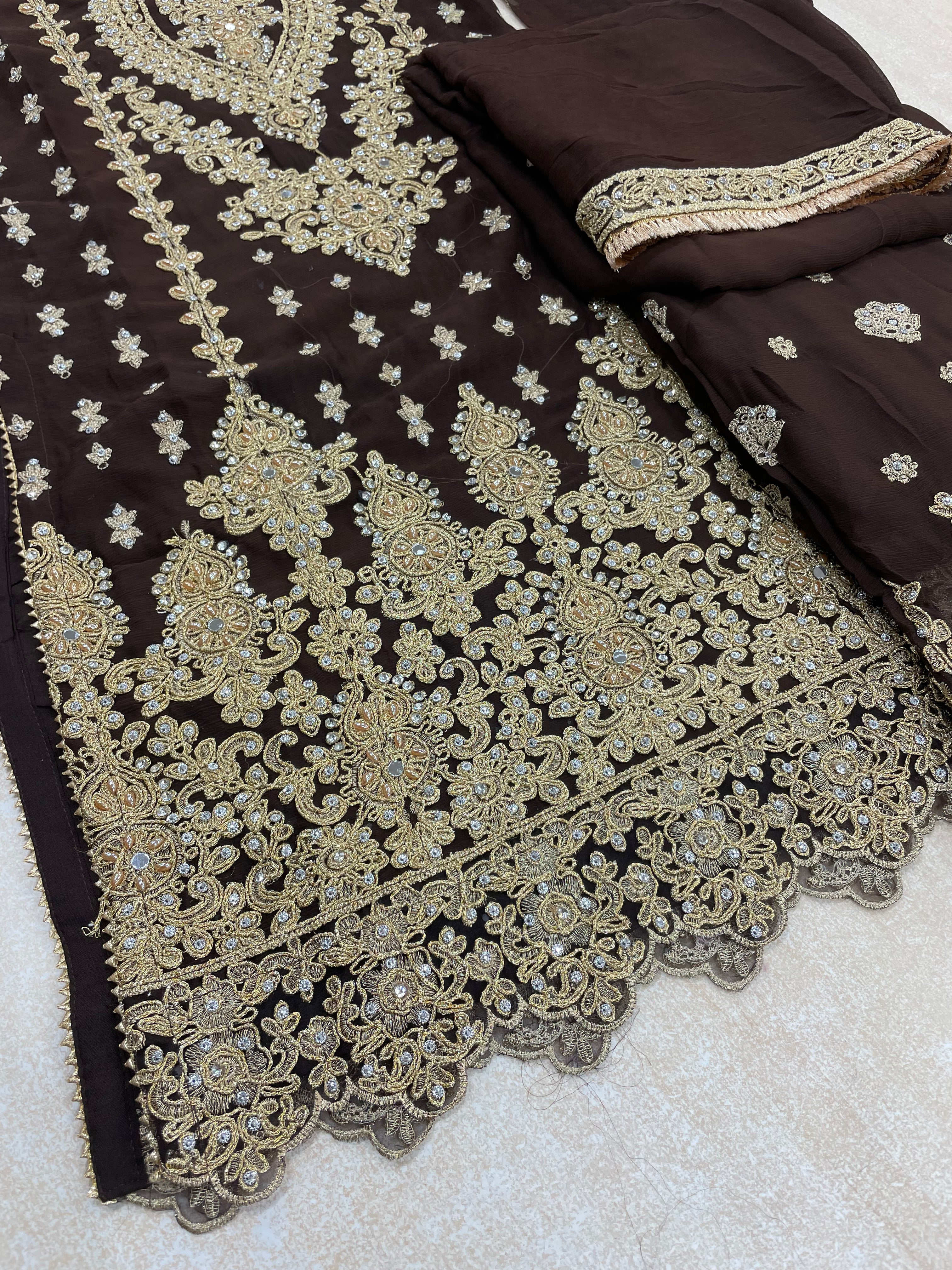 Brown embroidered Plazo - Gold Embroidered & Gem work - 3Pcs