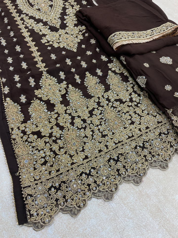 Aisha - Brown embroidered Plazo - Gold Embroidered & Gem work - 3Pcs