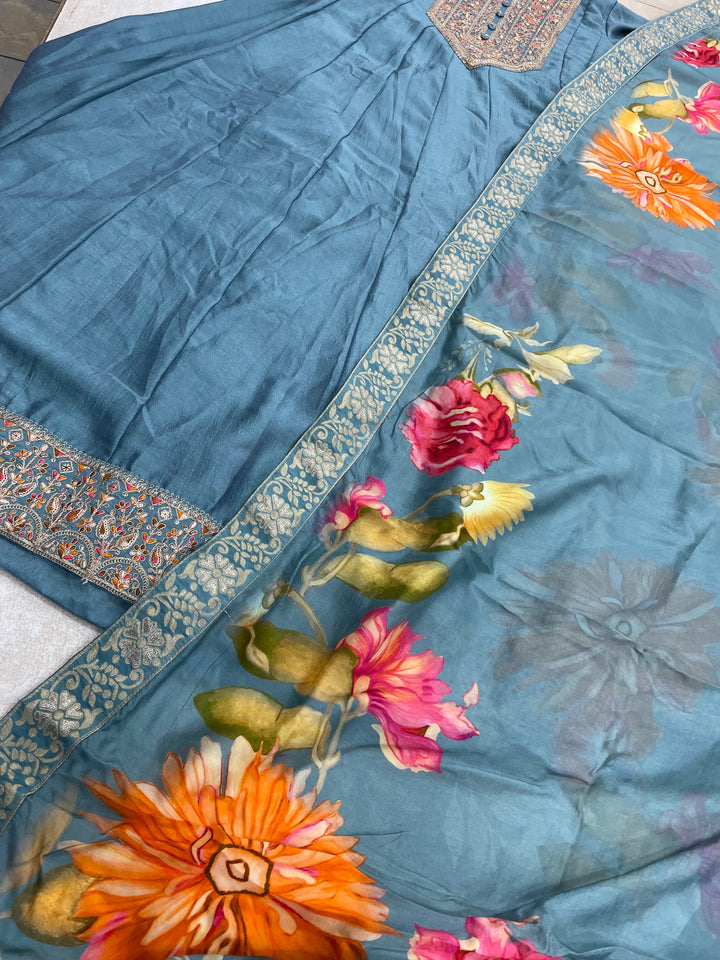Aaliyah - Turquoise embroidered anarkali With with print scarf - 3 Pcs