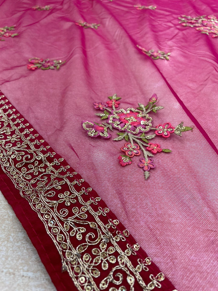 Delicate Grace – Cerise Pink Embroidered Net Dupatta with Rose Gold Detailing