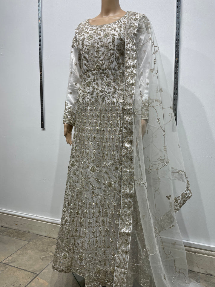 Yusra - White Heavy Embroidered Net Party Gown with White Gold Embroidered - 3pcs