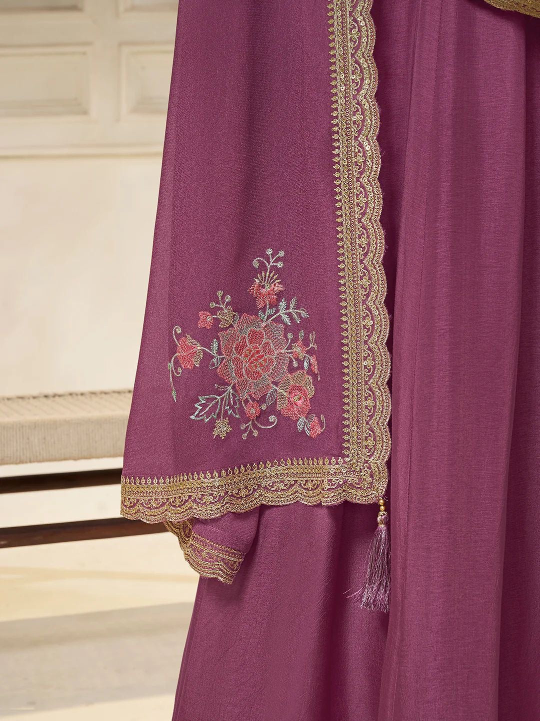 Amal – Purple Chinon Embroidered Anarkali Suit with Scalloped Dupatta - 2pcs