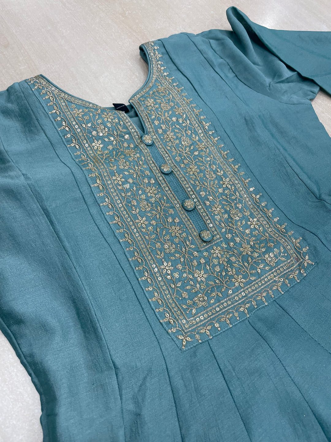 Yasmin - Dusky Turquoise Bhagalpuri Silk Frock with Digital Print Dupatta - 2pcs