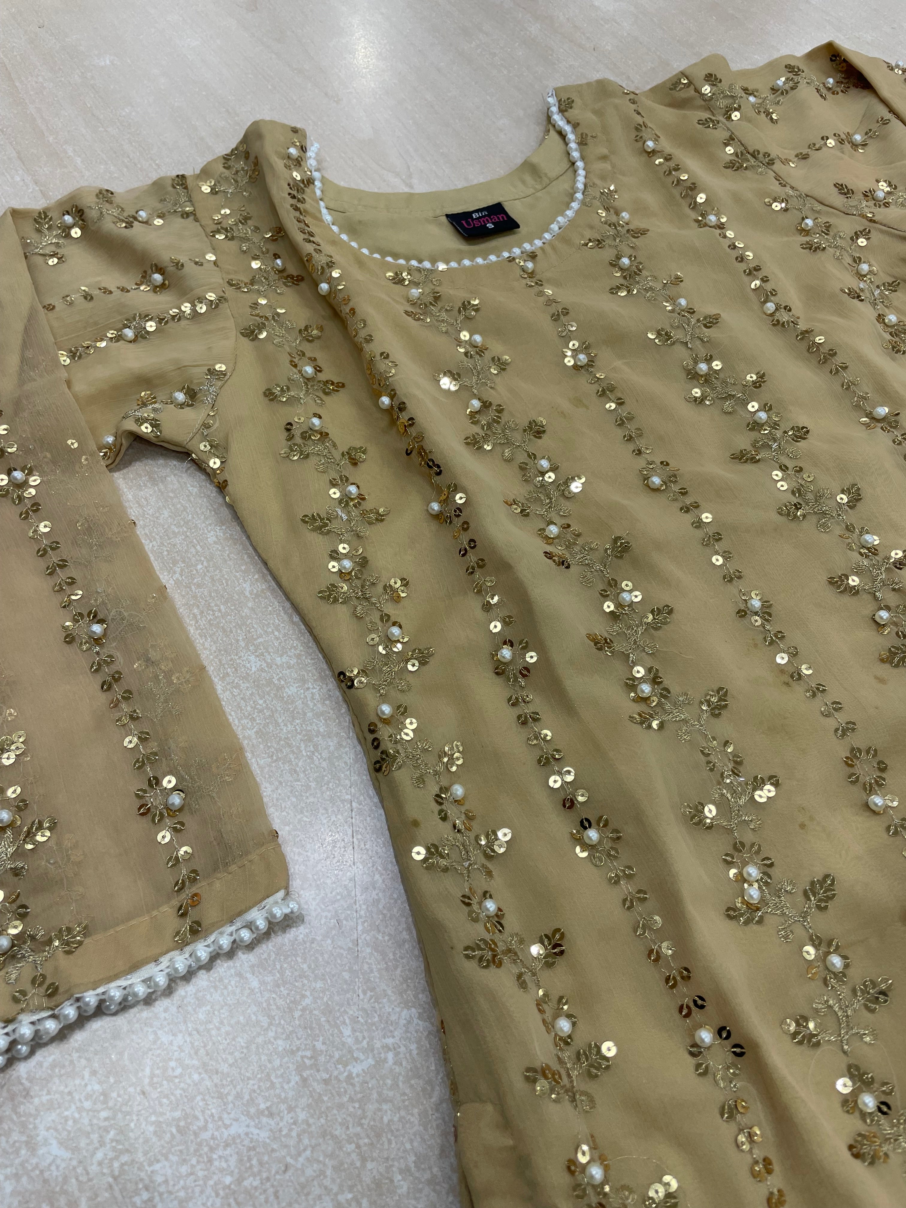 Gold Chiffon Shalwar kameez with Gold Embroidery & Gem work - 3pcs