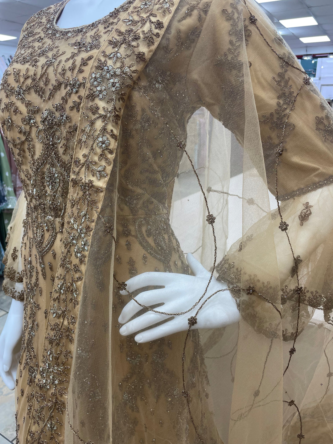 Jannah - Dijon Yellow/Mustard Heavy Embroidered Net Party Gown with Bell Sleeves/Copper Gold Embroidered - 3pcs