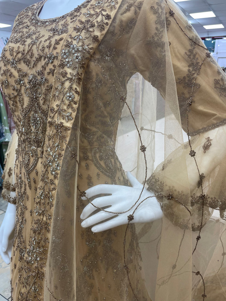 Jannah - Dijon Yellow/Mustard Heavy Embroidered Net Party Gown with Bell Sleeves/Copper Gold Embroidered - 3pcs