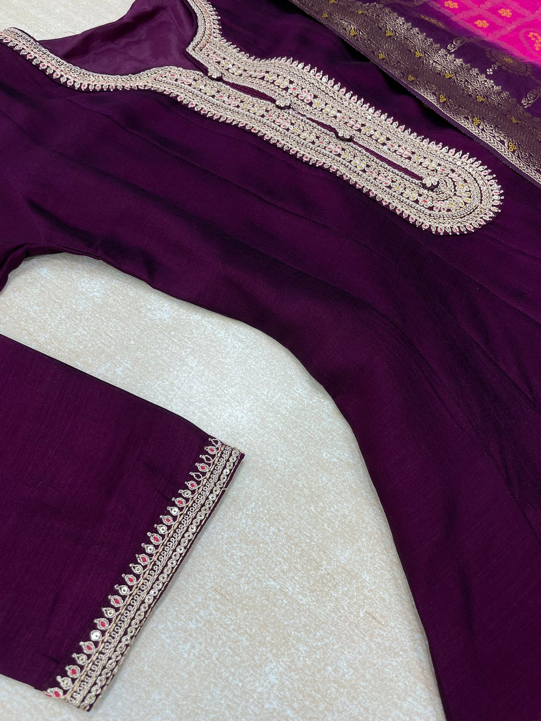 Hooriya - Purple Embroidered Anarkali with Jacquard Dupatta - 3 Pcs