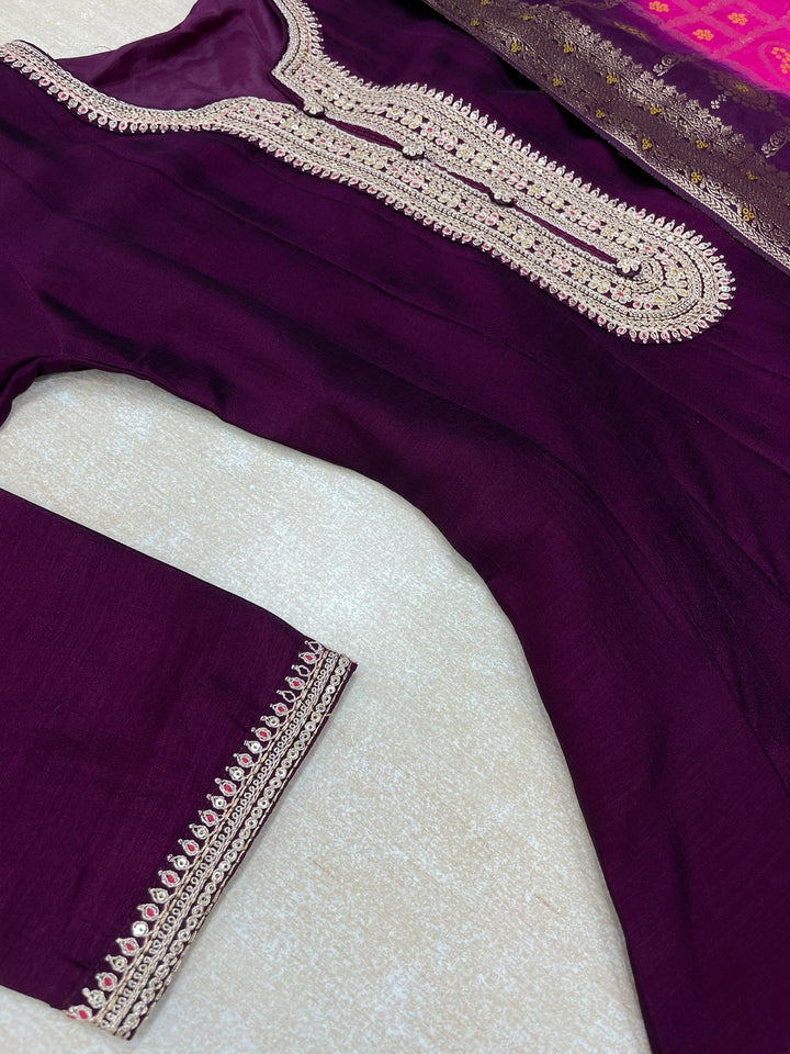 Hooriya - Purple Embroidered Anarkali with Jacquard Dupatta - 3 Pcs