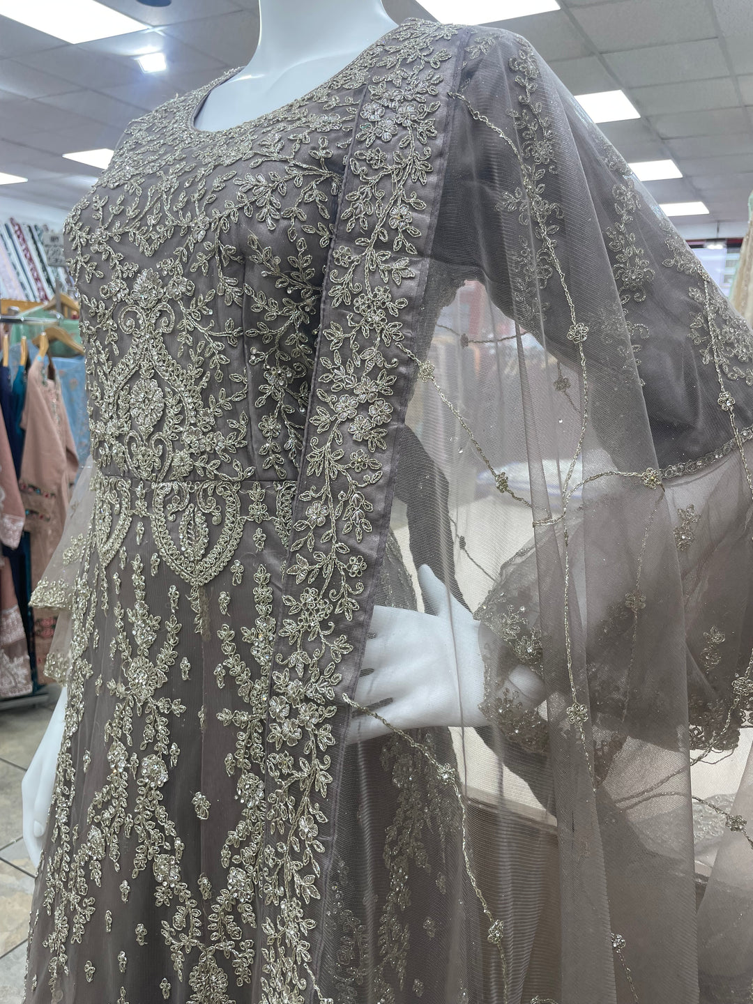 Jannah - Stone Grey Heavy Embroidered Net Party Gown with Bell Sleeves/White Gold Embroidered - 3pcs