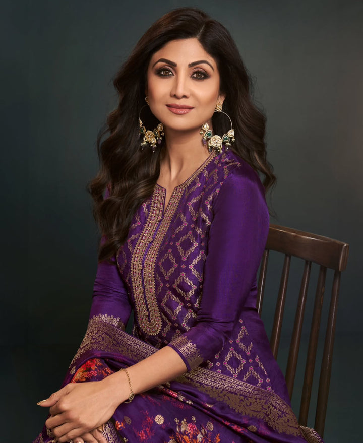Aleena - Purple Pure Viscose Dola with Embroidery Work & Digital Print Scarf - 3 Pcs