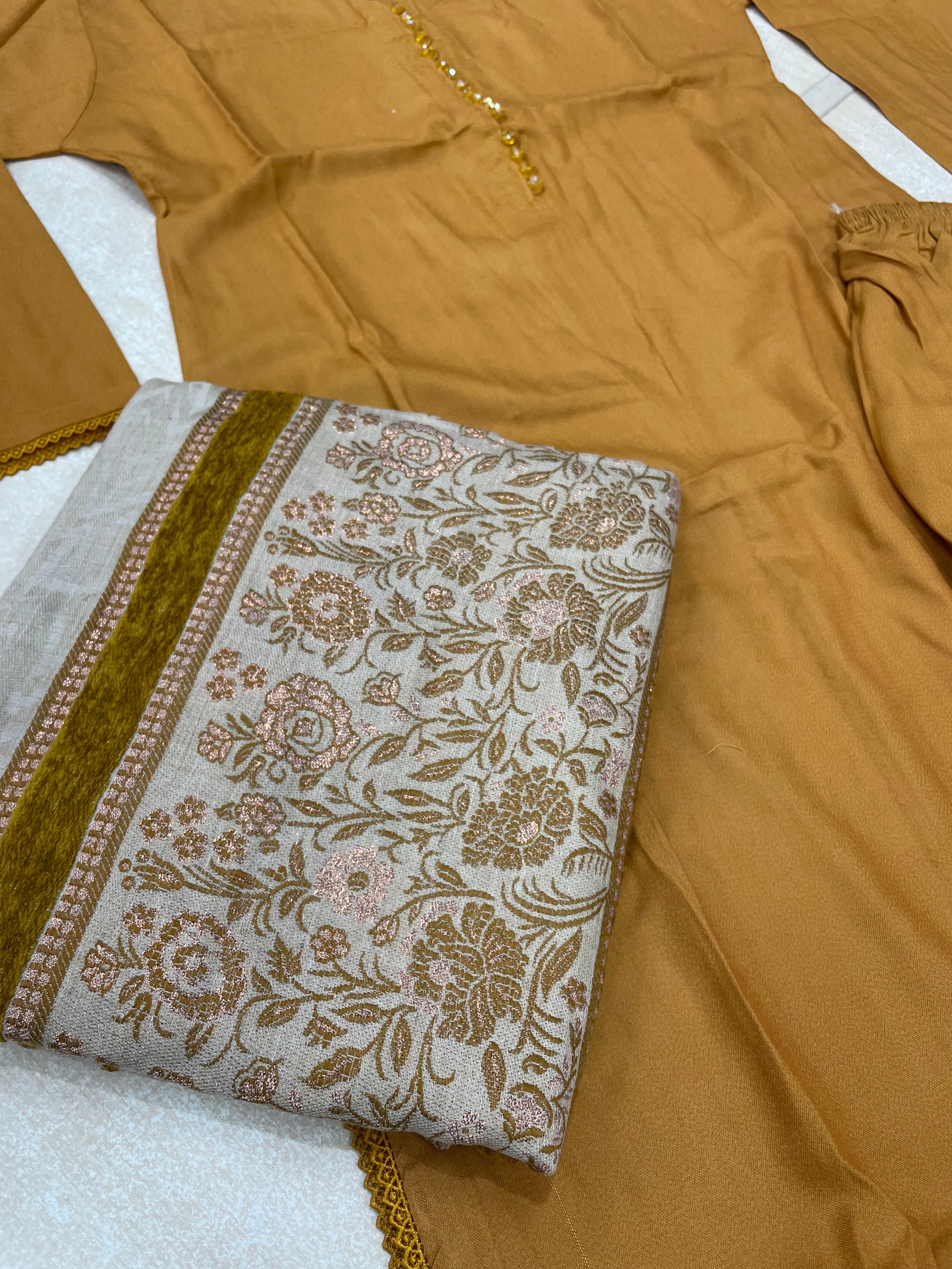 Mustard Dhanak Shalwar Kameez with Chadar scarf - 3Pcs