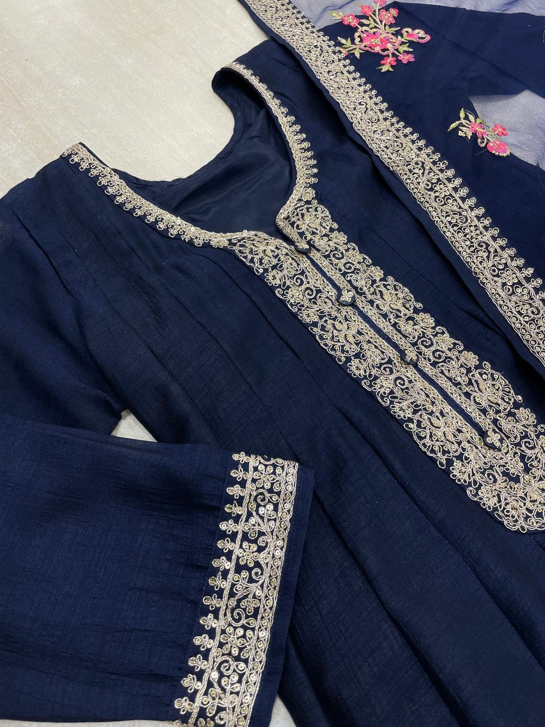 Marwah - Navy Blue Embroidered Anarkali with Net Dupatta - 3 Pcs