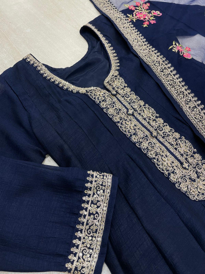 Marwah - Navy Blue Embroidered Anarkali with Net Dupatta - 3 Pcs
