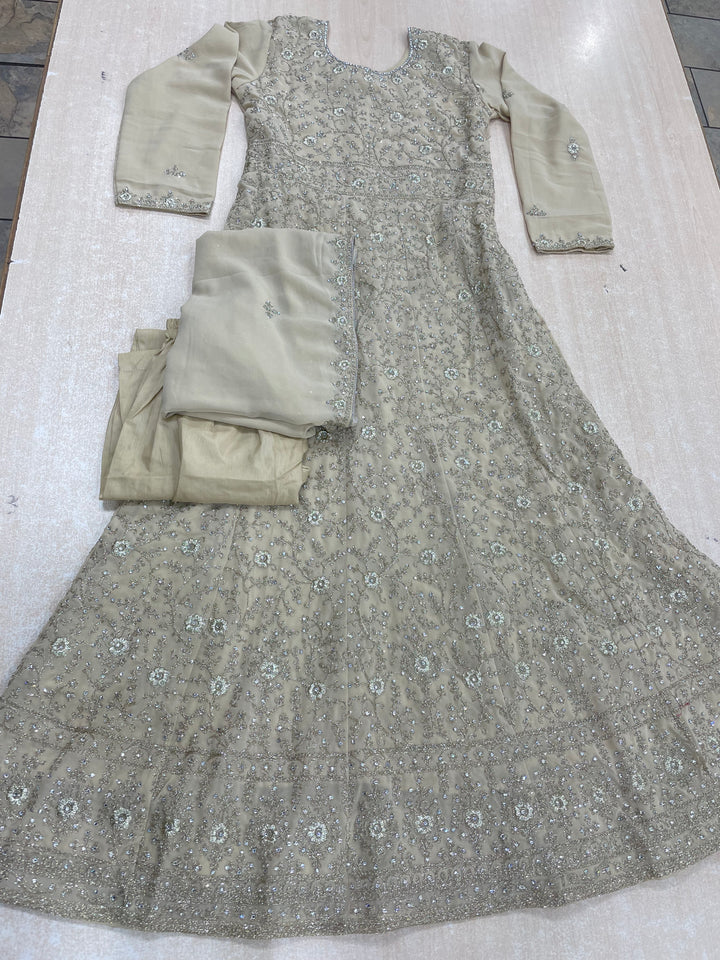 Amani - Gold Heavy Embroidered Georgette Gown - White Gold Embroidery - 3pcs